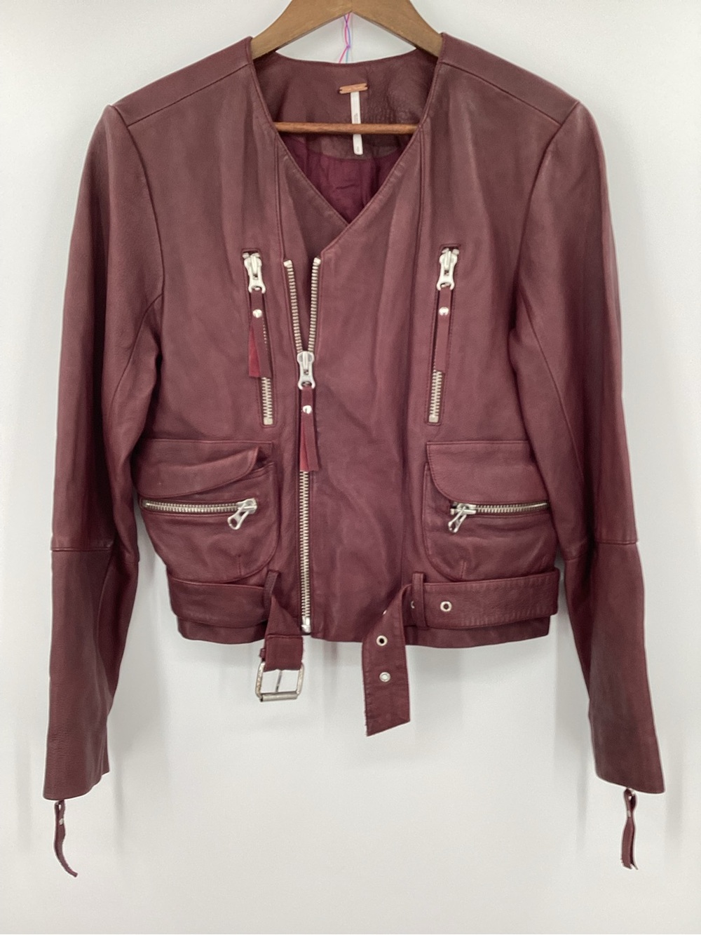Free People Victory Burgundy Leather Moto Jacket